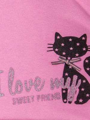 Шапка трикотажная для девочки с ушками, черная  кошка, серебряная надпись, розовый