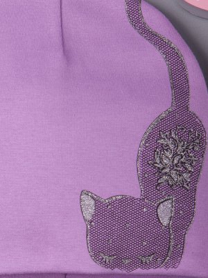 Шапка трикотажная для девочки формы лопата, кошка в сеточку, фиолетовый