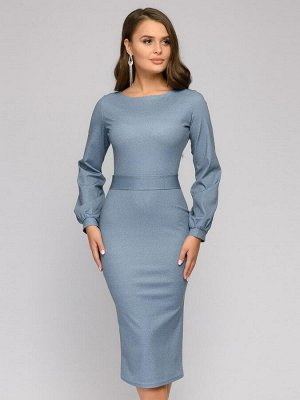 Платье синее длины миди с меланжевым эффектом и пышными рукавами