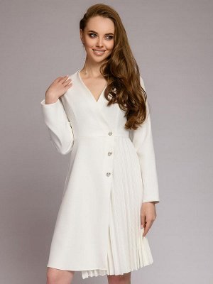 Платье белое длины миди с длинными рукавами и плиссированной вставкой
