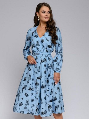 Платье голубое длины миди с принтом и глубоким вырезом