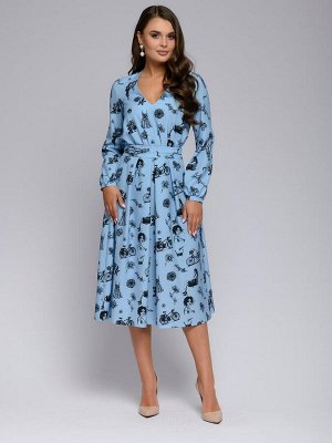Платье голубое длины миди с принтом и глубоким вырезом