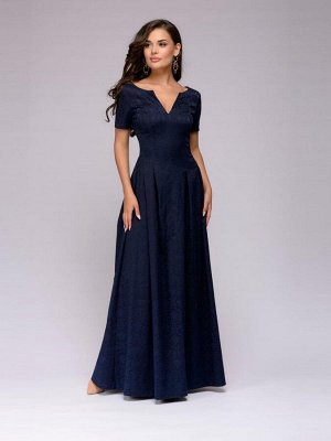 Вечернее темно-синее платье с вырезом на груди и короткими рукавами
