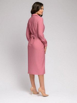 Платье розовое в горошек длины миди с поясом и длинными рукавами