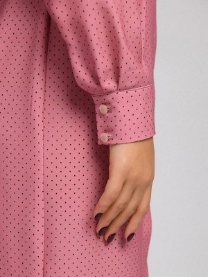 Платье розовое в горошек длины миди с поясом и длинными рукавами