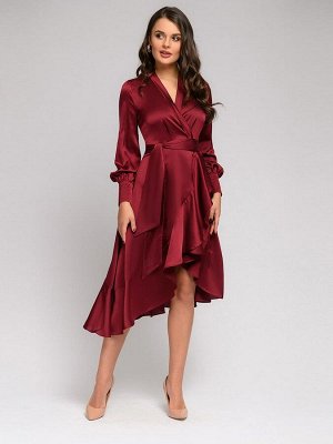 Платье бордовое с длинными рукавами и воланом по подолу