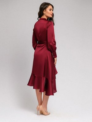 Платье бордовое с длинными рукавами и воланом по подолу