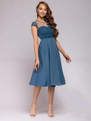 Платье синее длины миди с кружевной отделкой без рукавов