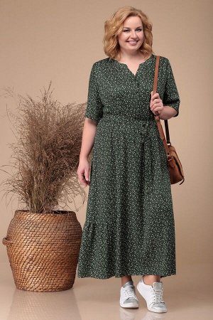 Платье Linia-L Б-1728 темно-зеленое/цветы