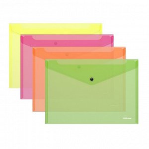Папка-конверт на кнопке А4, ErichKrause Fizzy Neon, полупрозрачная, 140 мкм, ассорти