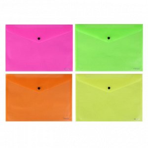 Папка-конверт на кнопке А4, 140мкм ErichKrause Fizzy Neon, вместимость 100 листов, микс