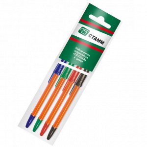 Набор ручек шариковых микс 4 цвета «Стамм», «Оптима», ORANGE, узел 1.0 мм, чернила: синие, красные, зелёные, чёрные, европодвес