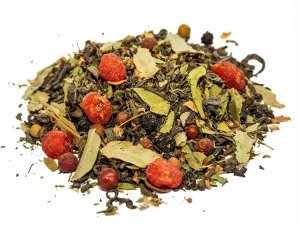Очищающий Бленд крупнолистового зеленого китайского чая, цедры апельсина, ягод вишни, аронии и можжевельника, сенны, мяты, цветов липы. С ароматом спелого апельсина.