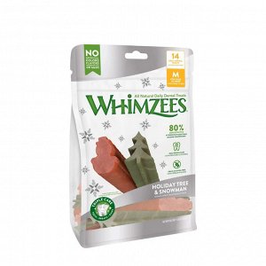 Whimzees лакомство для чистки зубов Новогодний Микс (елочки/ снеговики) для собак М 14 шт в пакете