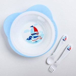 Набор детской посуды: тарелка на присоске 250мл, вилка, ложка, цвет голубой МИКС
