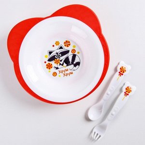 Набор детской посуды: тарелка на присоске 250мл, вилка, ложка, цвет красный уши МИКС