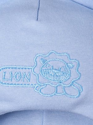 Шапочка трикотажная для мальчика с ушками, на завязках, вышивка lion, голубой