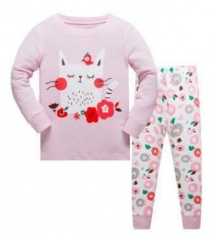 703 Пижама для девочки (нежно-розовая котик с цветами)