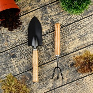Набор садового инструмента, 2 предмета: рыхлитель, совок, длина 20 см, деревянные ручки