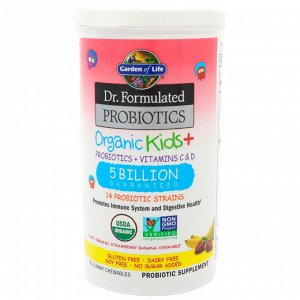 Garden of Life, Пробиотики Dr. Formulated, Organic Kids +, вкусная органическая клубника и банан, 30 восхитительных жевательных таблеток