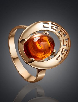 Элегантное золотое кольцо «Эллада» с натуральным коньячным янтарём, 006203069