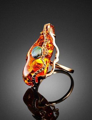 Великолепное кольцо из золота 585 пробы с натуральным янтарем и перламутром «Атлантида», 006201321