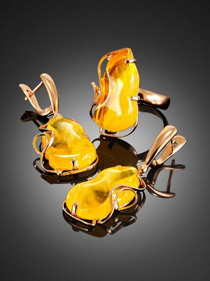 Красивые серьги из золочёного серебра и натурального медового янтаря «Риальто», 010104010