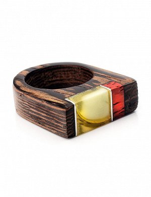 Стильное кольцо из дерева с натуральным янтарём «Индонезия»
