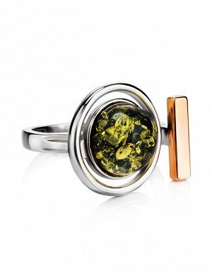 Необычное серебряное кольцо с зелёным янтарём «Люмьер»