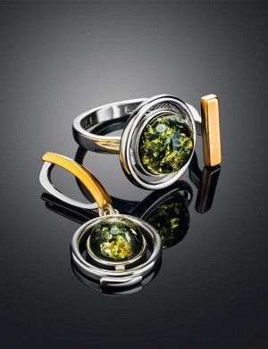 Необычное серебряное кольцо с зелёным янтарём «Люмьер»