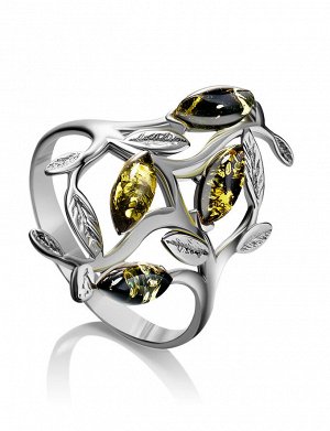 Эффектное кольцо «Тропиканка» из серебра и зелёного янтаря