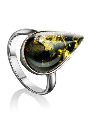 Серебряное кольцо с каплевидной вставкой из янтаря зелёного цвета «Импульс», 006302111