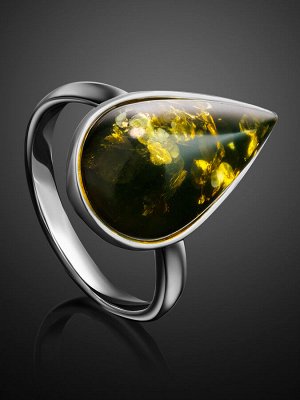 amberholl Серебряное кольцо с каплевидной вставкой из янтаря зелёного цвета «Импульс»