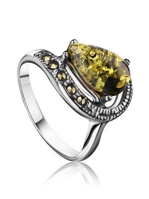 Нежное лёгкое кольцо из серебра с янтарём и марказитами «Эйфория», 006302467