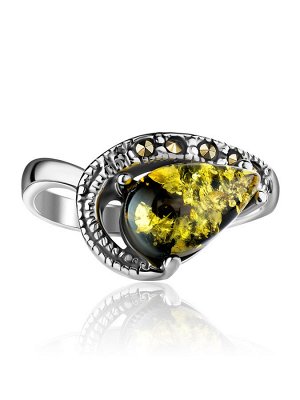 Нежное лёгкое кольцо из серебра с янтарём и марказитами «Эйфория», 006302467