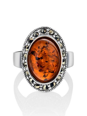 Крупное эффектное кольцо из серебра с марказитами и янтарём «Эйфория», 006302462