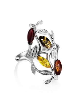 Эффектное кольцо из серебра, украшенное янтарём разных цветов «Тропиканка»