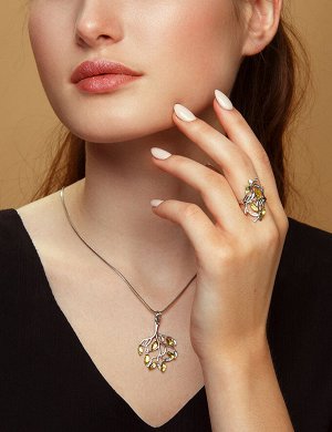amberholl Изящное ажурное кольцо из серебра и лимонного янтаря «Тропиканка»