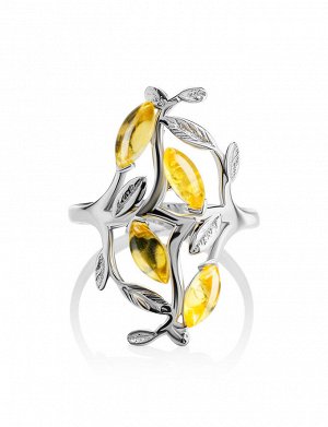 Изящное ажурное кольцо из серебра и лимонного янтаря «Тропиканка»