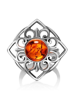 Крупное кольцо из серебра и натурального янтаря вишнёвого цвета «Кордова»