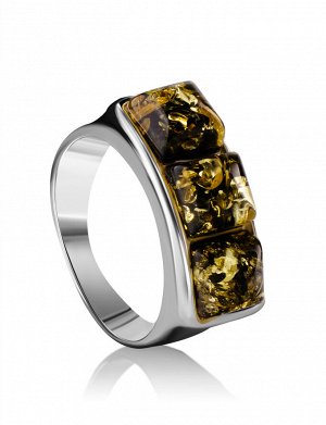 Яркое кольцо «Мозаика» с натуральным янтарём зелёного цвета, 906305357