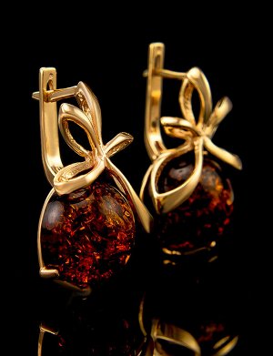 Очаровательные серьги из натурального янтаря в позолоченном серебре «Черри», 710106086