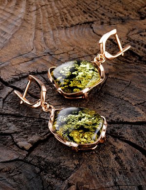 Красивые серьги из янтаря зелёного цвета в позолоченном серебре «Лагуна», 010102354