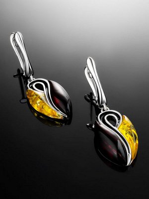 Красивые и яркие серьги из серебра и натурального янтаря двух цветов «Санрайз», 006503024