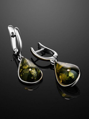 Подвесные серьги из серебра и зелёного янтаря «Импульс», 006502113