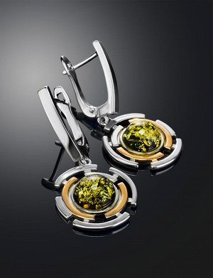 Необычные серебряные серьги с зелёным янтарём «Люмьер», 906512207