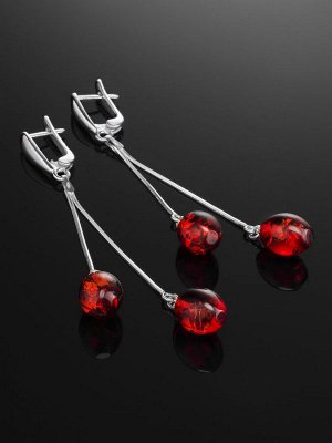 Яркие длинные серьги из янтаря красного цвета и серебра «Оливка», 006503249