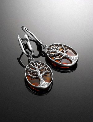 Овальные серьги из серебра и натурального янтаря коньячного цвета «Бельтайн», 906505091