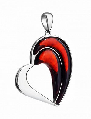 Стилизованный кулон-сердце из серебра и вишнёвого янтаря «Санрайз», 901712248