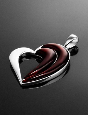 Стилизованный кулон-сердце из серебра и вишнёвого янтаря «Санрайз», 901712248